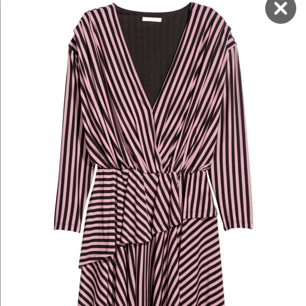 Pink and Black V Neck Striped Asymmetrical Dress